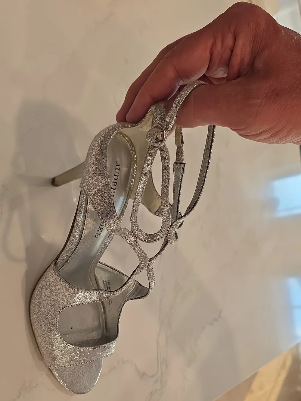 Audrey Brooke Metalic Silver Leather Glitter Strappy Women's High Heel Sandals - Picture 6 of 7